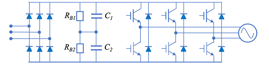 Fig. 21 AC drive system with two electrolytic capacitors connected in series. Circuit topology of a three-phase power converter