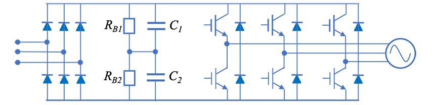 Fig. 21 AC drive system with two electrolytic capacitors connected in series. Circuit topology of a three-phase power converter Fig. 21 AC drive system with two electrolytic capacitors connected in series. Circuit topology of a three-phase power converter