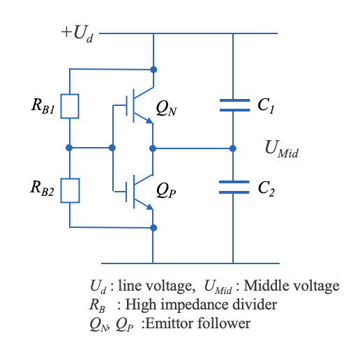 Fig. 22 Stabilizes the midpoint voltage UMid and improves power dissipation Improved voltage balancing circuit Fig. 22 Stabilizes the midpoint voltage UMid and improves power dissipation Improved voltage balancing circuit