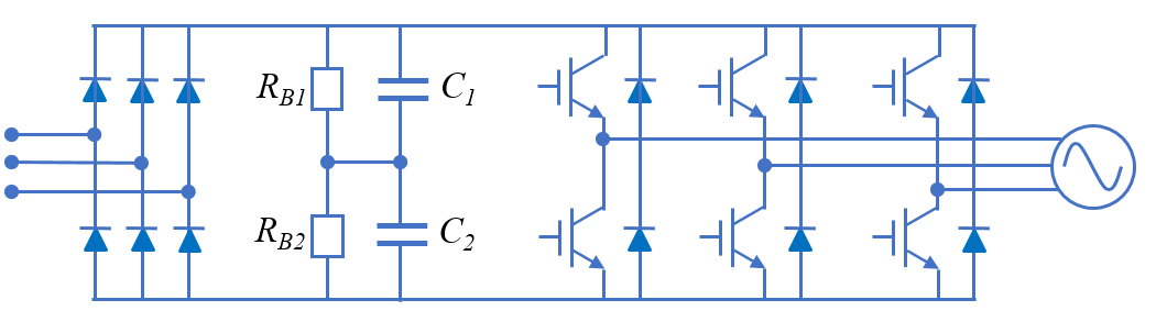 Fig. 3 Circuit topology of a three-phase power converter of AC drive system with two electrolytic capacitors connected in series
