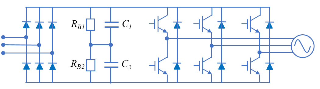 Fig. 3 Circuit topology of a three-phase power converter of AC drive system with two electrolytic capacitors connected in series Fig. 3 Circuit topology of a three-phase power converter of AC drive system with two electrolytic capacitors connected in series
