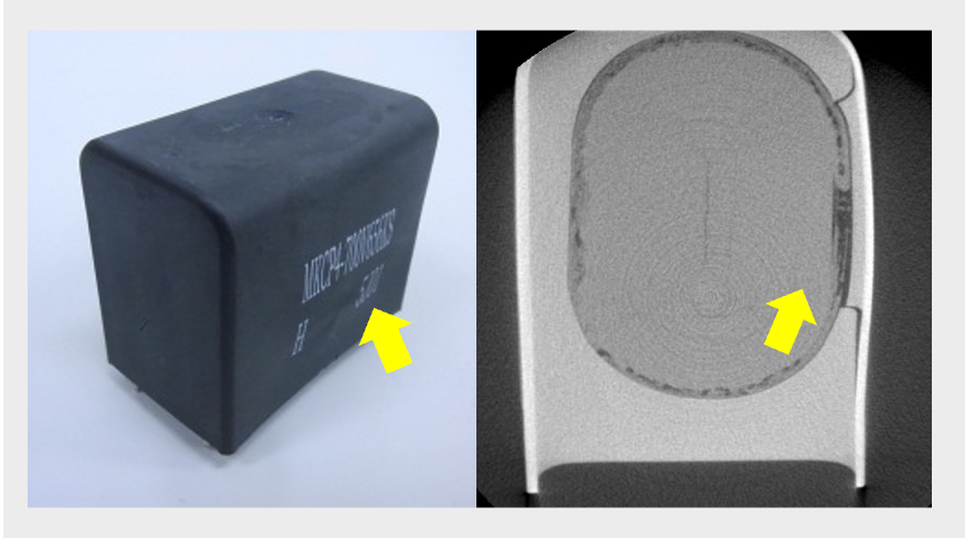 Figure 5 Outlook and X-ray CT image of Failure capacitor by THB test Figure 5 Outlook and X-ray CT image of Failure capacitor by THB test