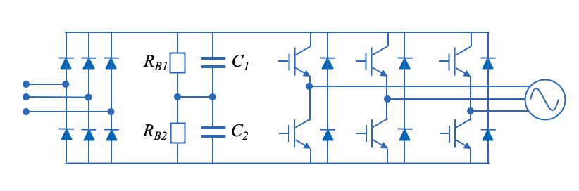 図3 2つの電解コンデンサを直列接続したACドライブシステム 三相電力変換器の回路トポロジー
