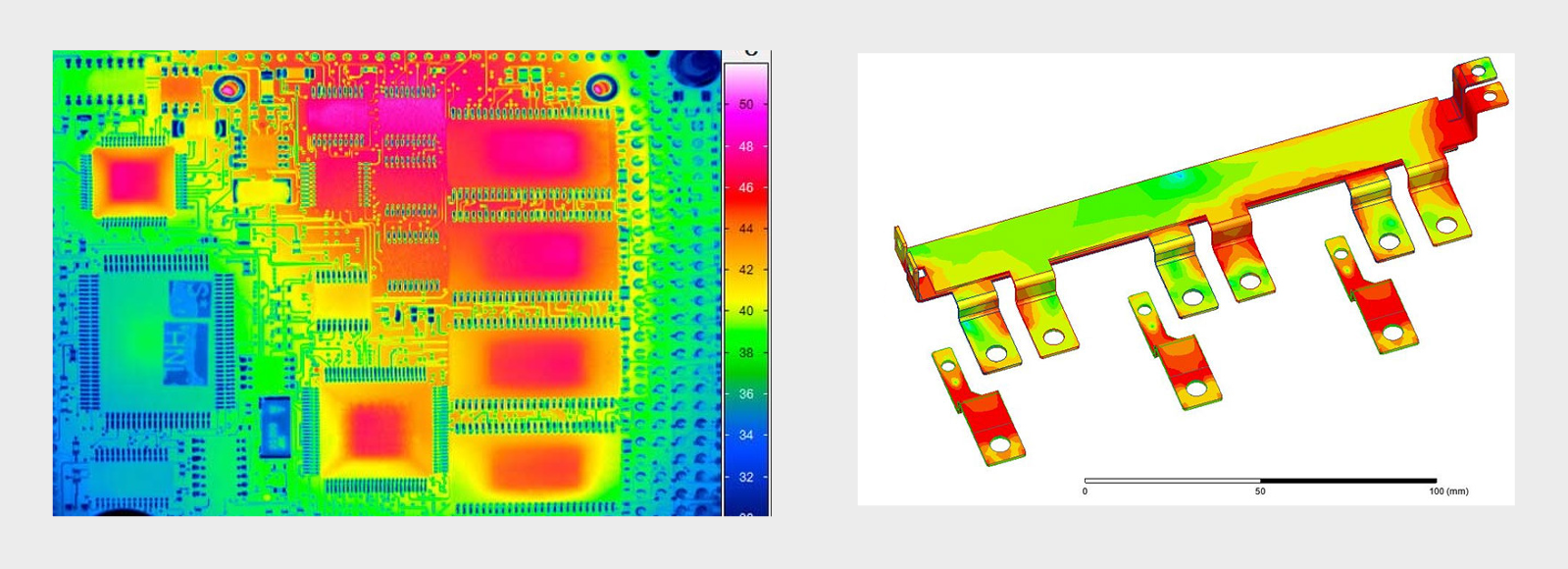 図5 発熱部品や対流の滞りによる基板内の不均一な温度分布とバスバーの伝熱のイメージ 図5 発熱部品や対流の滞りによる基板内の不均一な温度分布とバスバーの伝熱のイメージ